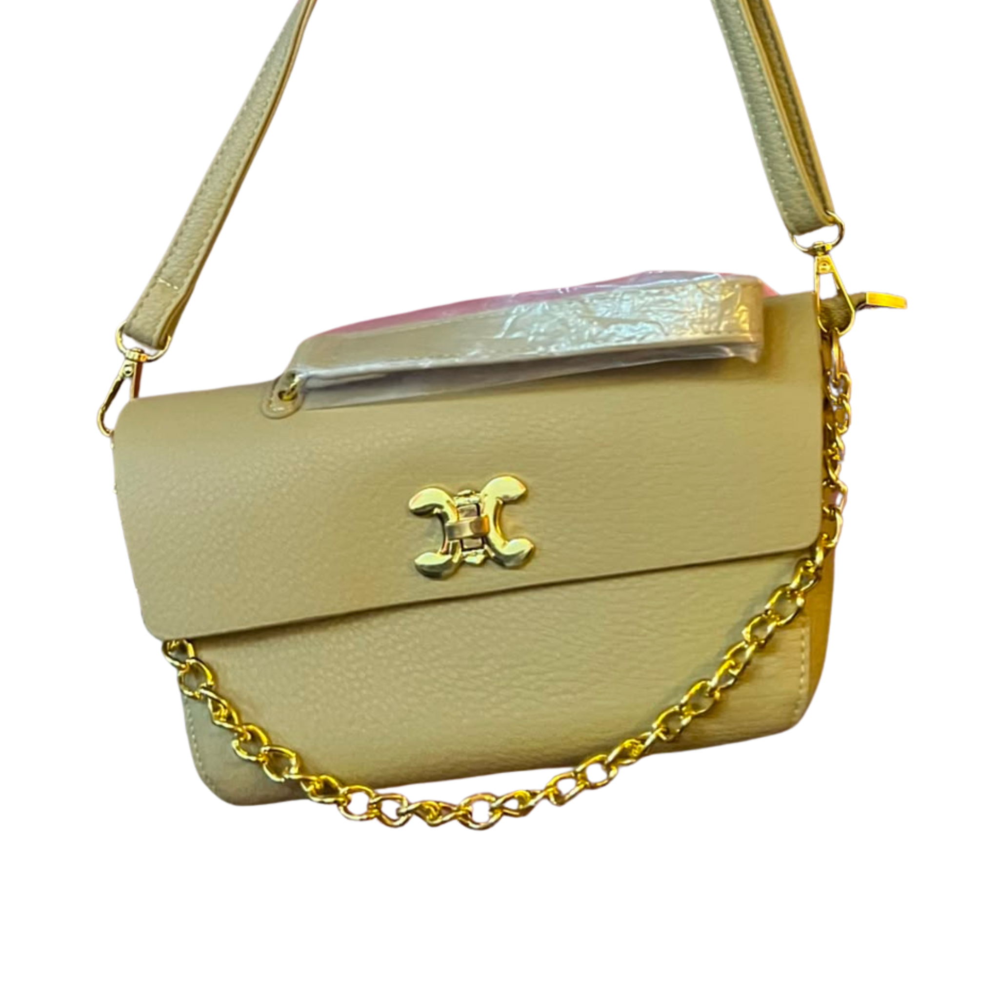 Cartera de mano con broche dorado y cadena - Pistaccio