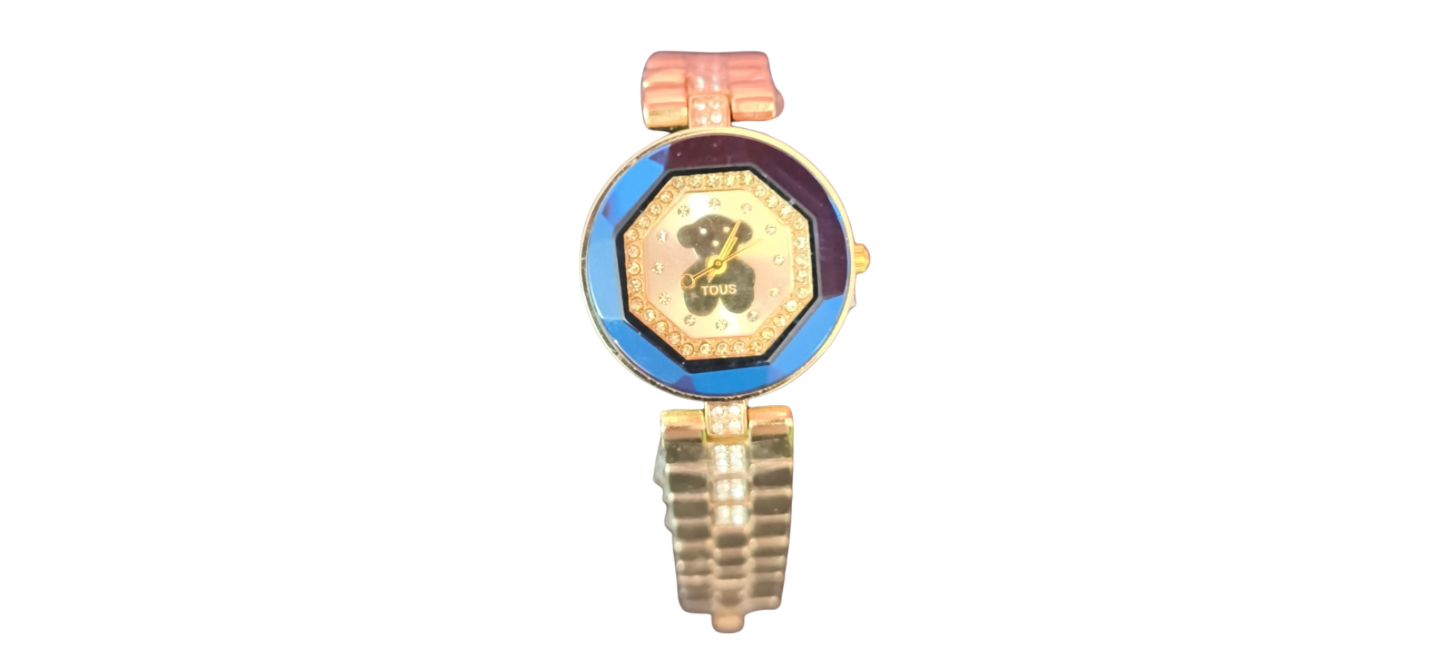 Reloj Dorado con Bisel Azul y Detalles de Cristal – Estilo Sofisticado con Toque Moderno