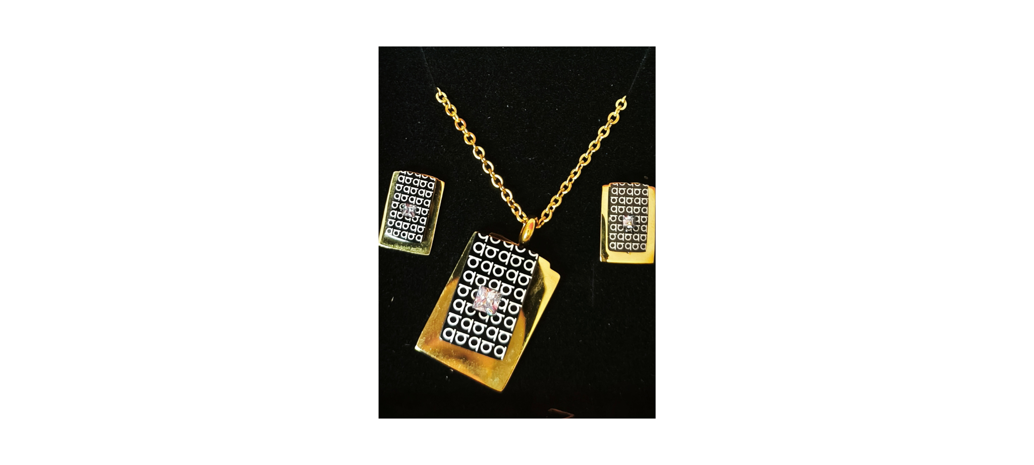 Set Collar y Aros Rectangulares con Cristal y Diseño Geométrico ✨⬛