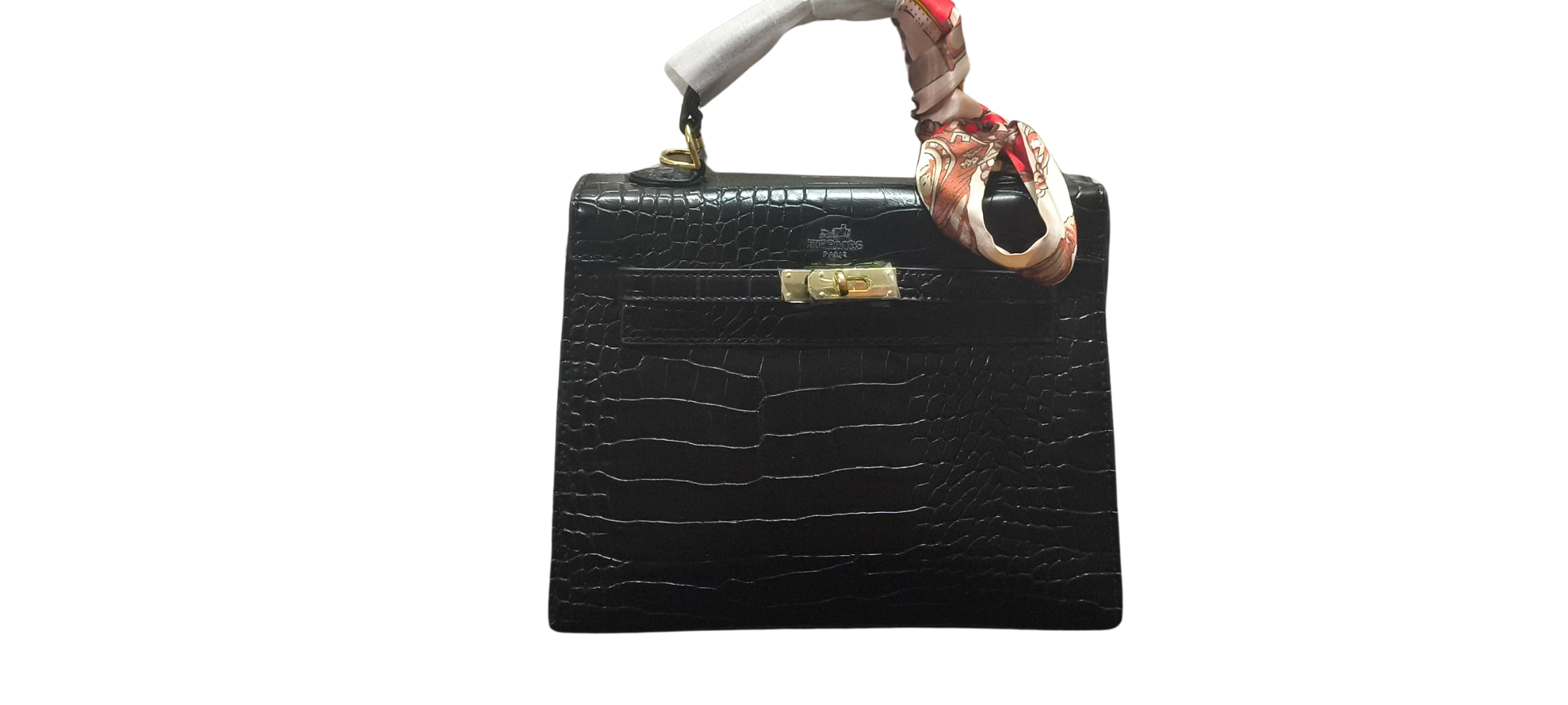 Cartera Hermes Style Croco Black – Modelo Kelly Premium | Asa con Pañuelo