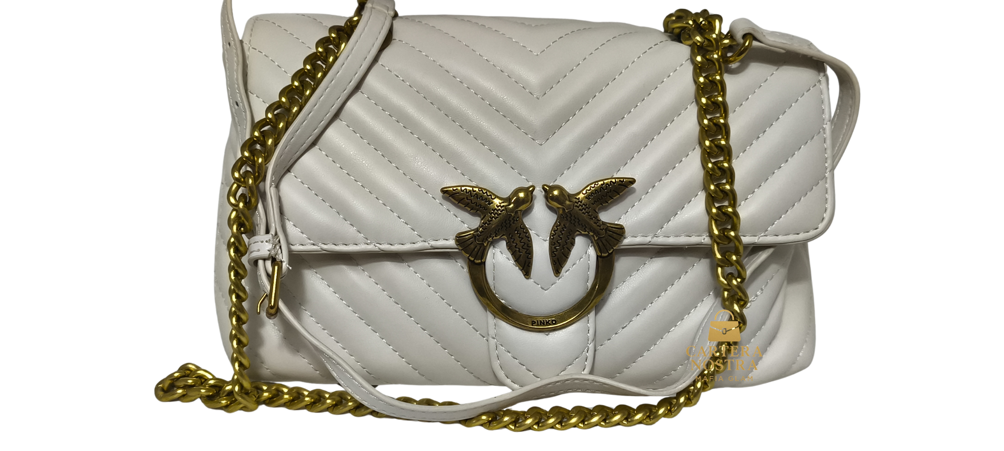 Cartera Pinko Style White – Modelo Love Birds | Cadena Dorada
