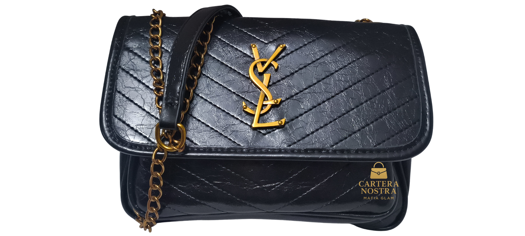 Cartera YSL Style Black – Modelo Classic Chevron | Cadena Dorada