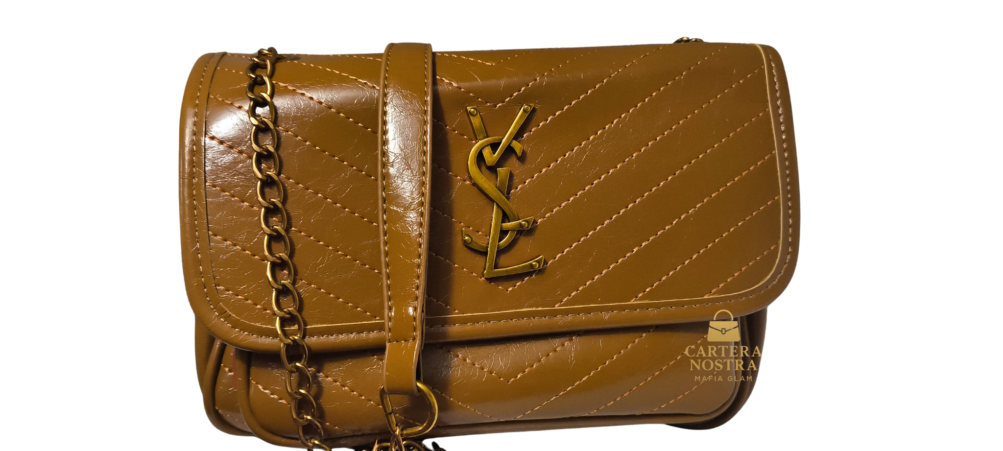 Cartera YSL Style Camel – Modelo Classic Chevron | Cadena Dorada