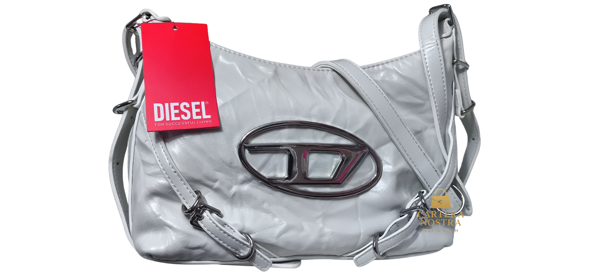 Cartera DIESEL Blanca – Modelo Oval Logo Plateado