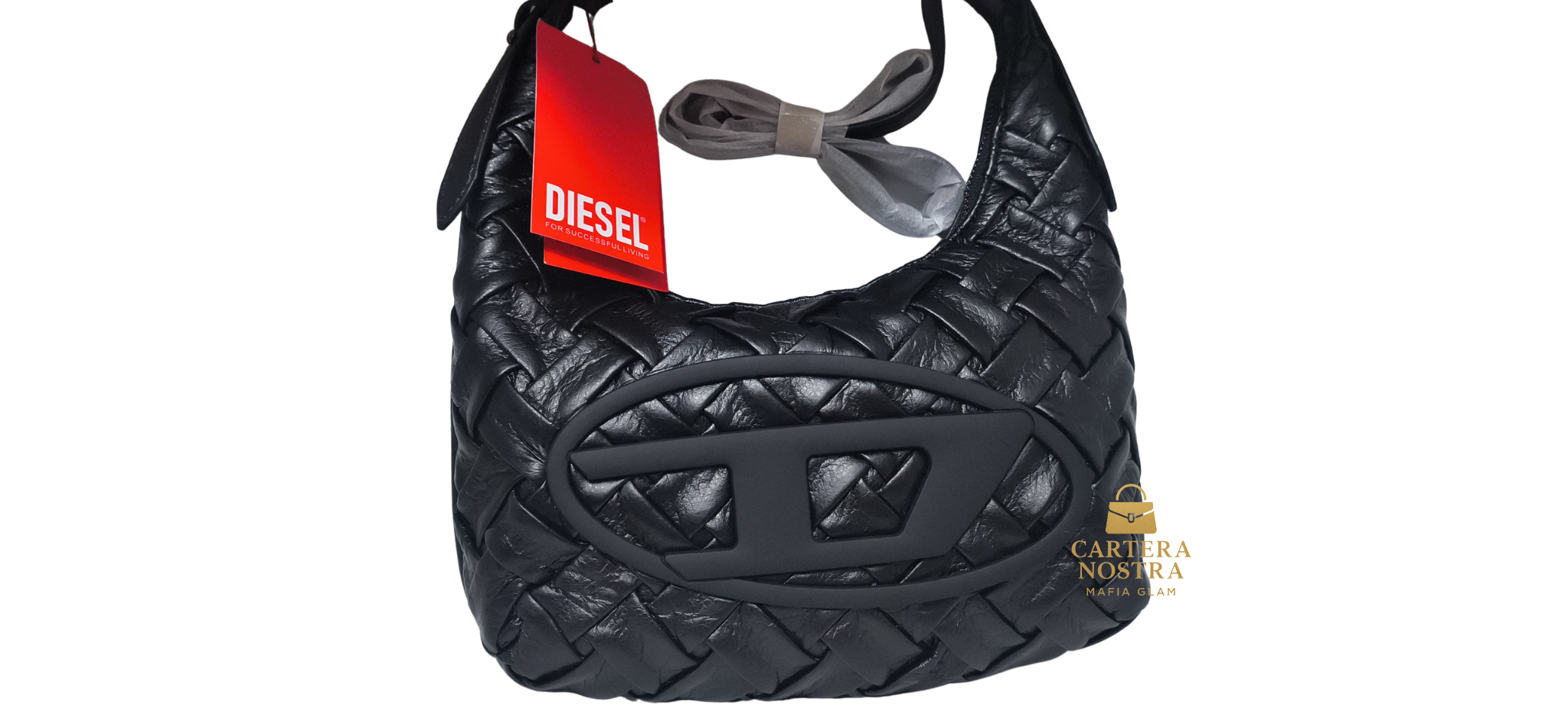 Cartera Diesel Negra Trenzada – Mini Shoulder Bag Logo D Oversized