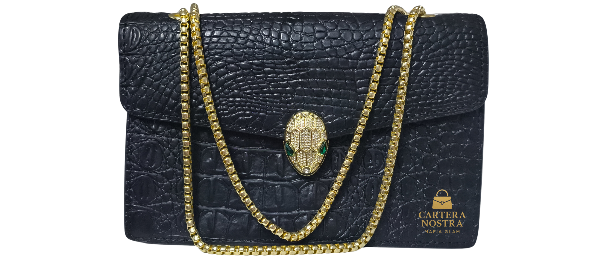 Cartera Black Serpenti – Cadena Dorada & Textura Croco